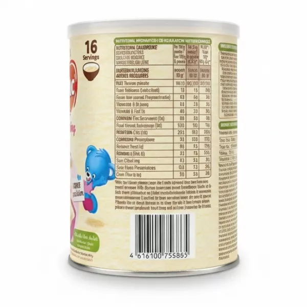 Back view showing nutritional information and barcode on Nestle Cerelac tin