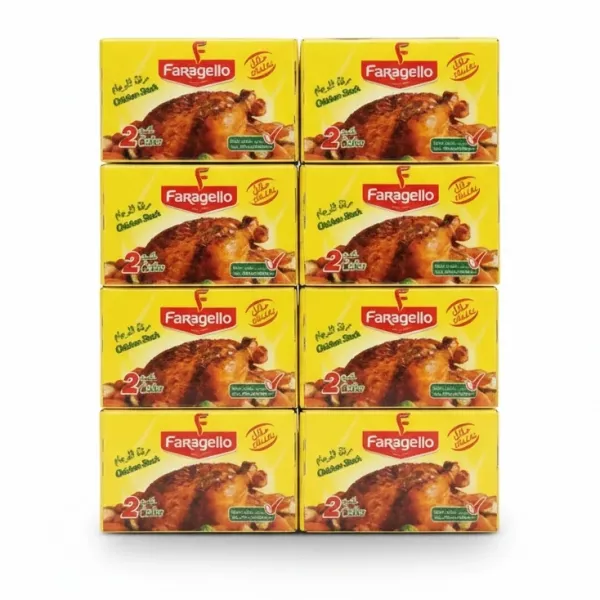 Pack of Faragello chicken stock cubes with bright yellow packaging showing roasted chicken image