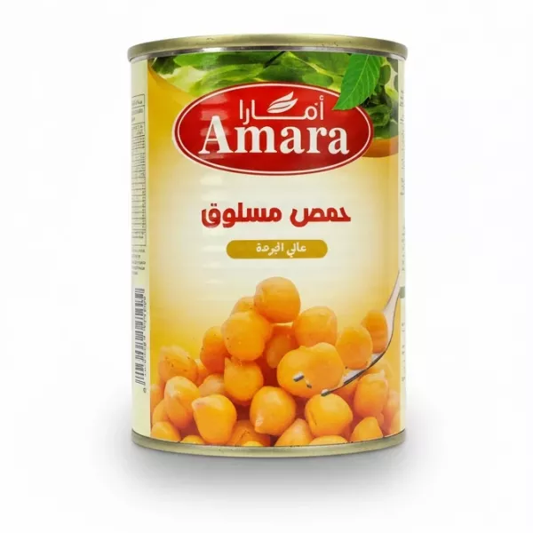 Can of Amara boiled chickpeas showing front label
