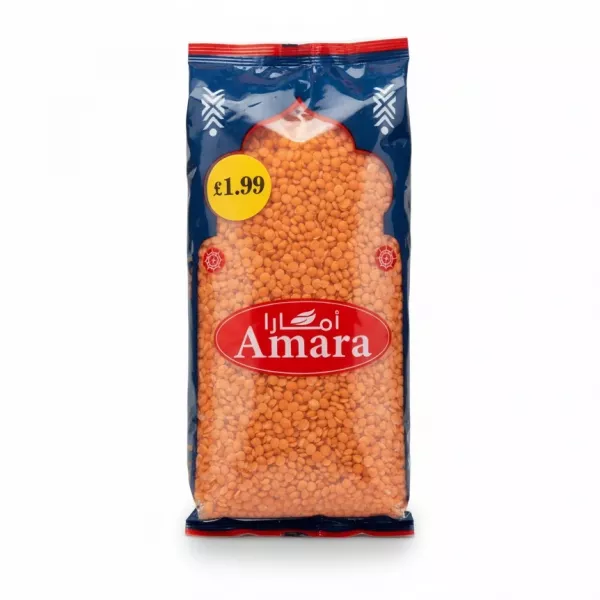Front view of Amara red lentils package
