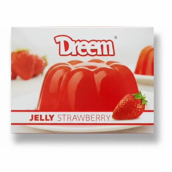 Dreem strawberry jelly box featuring a red jelly on a white plate with fresh strawberry illustration