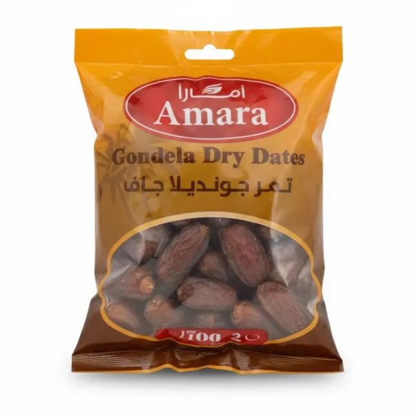Amara Gondela dry dates in orange and brown packaging front view
