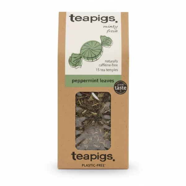 Front view of Teapigs peppermint leaves tea box with visible tea temples