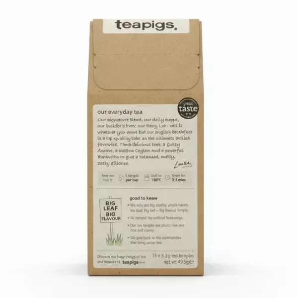 teapigs Everyday Brew English Breakfast Tea box back showing product details and brewing instructions