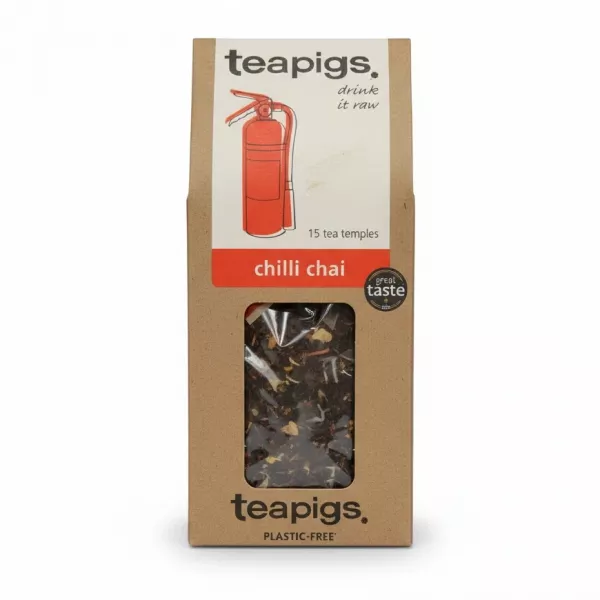 Front view of teapigs Chilli Chai Tea box detailing plant-based packaging