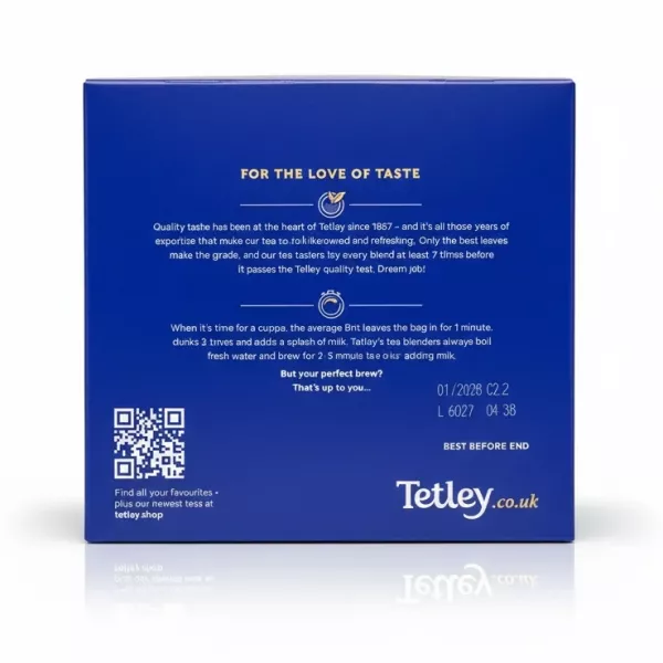 Back of Tetley Original Black Tea box showing product information