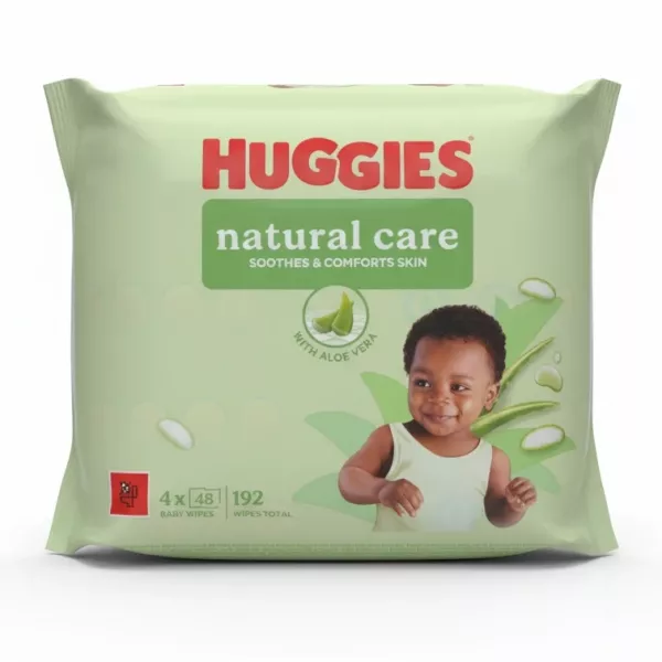 Pack of Huggies Natural Care Baby Wipes with aloe vera and baby image