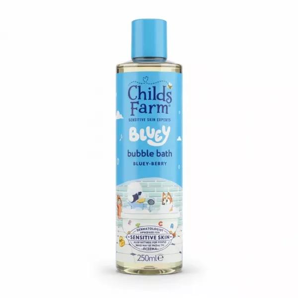 Bottle of Childs Farm Bluey Bubble Bath with Bluey-Berry scent