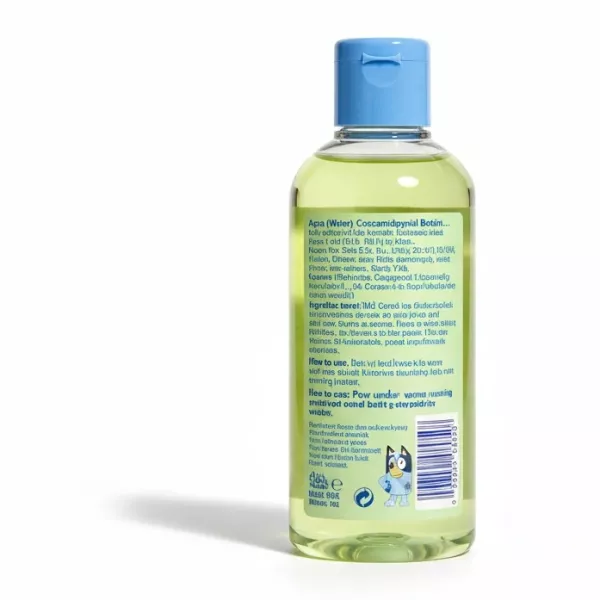 Back label of Childs Farm Bluey Bubble Bath showing ingredients and usage instructions