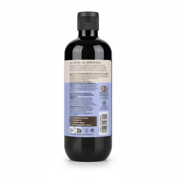 Back label of Baylis & Harding Goodness bubble bath showing product information and ingredients