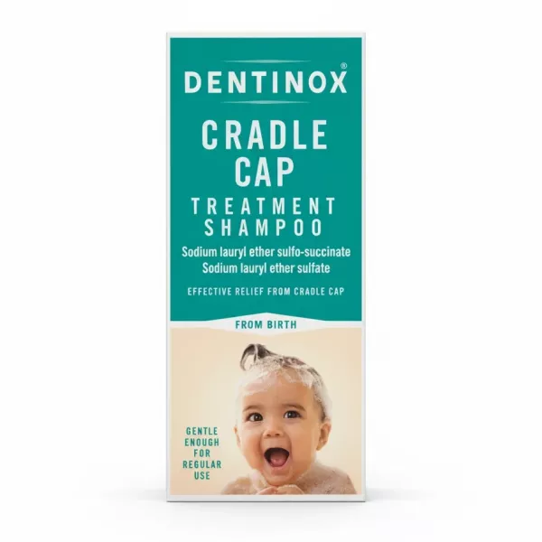 Dentinox Cradle Cap Treatment Shampoo front packaging with smiling baby image