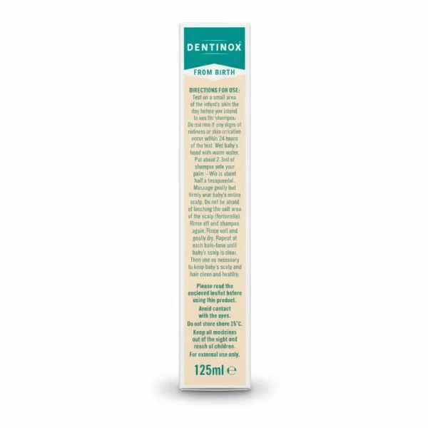 Side of Dentinox shampoo box showing usage directions and instructions
