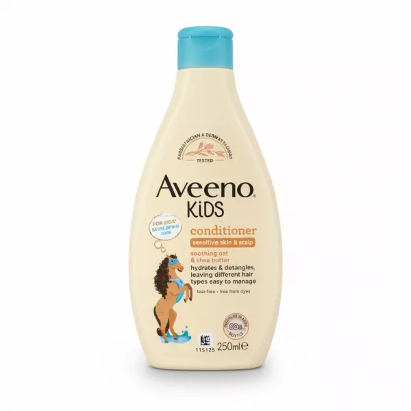 Aveeno Kids Conditioner bottle front with blue cap and horse graphic