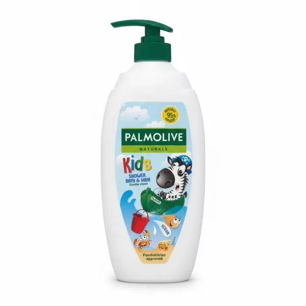 Palmolive Naturals Kids Shower Gel with pump dispenser and colourful zebra illustration on front label