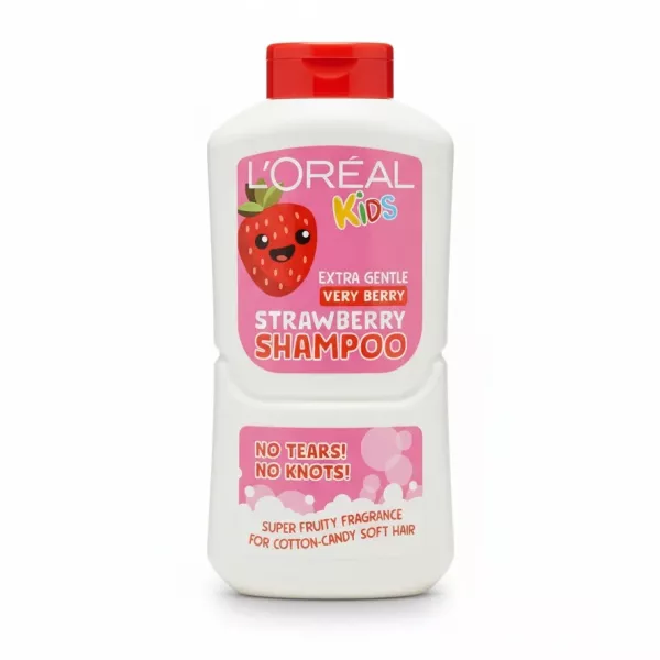 White L'Oréal Kids strawberry shampoo bottle with red cap and cartoon strawberry on the label