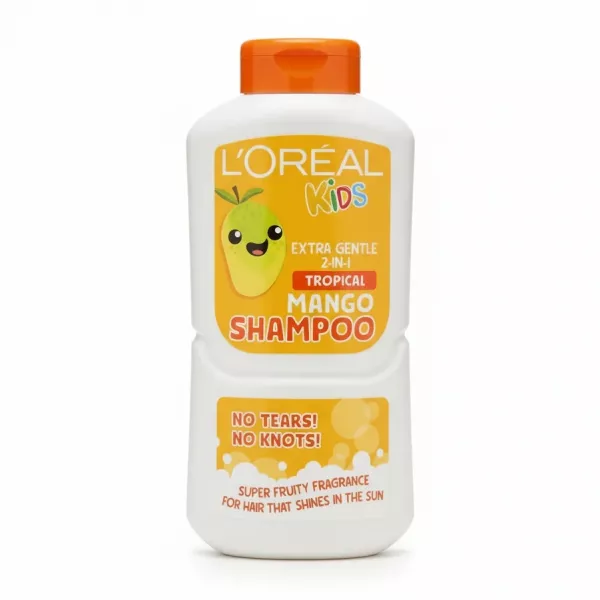 Bottle of L'Oréal Kids Tropical Mango Shampoo with orange cap and playful mango illustration