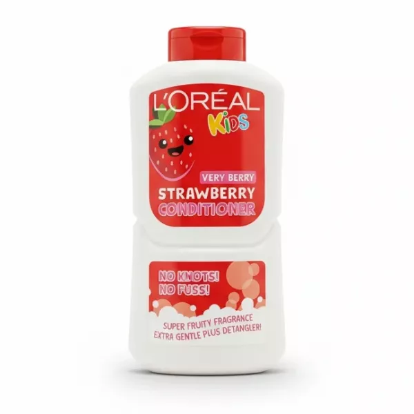 Bottle of L'Oréal Kids Very Berry Strawberry Conditioner in white plastic with red label and cap