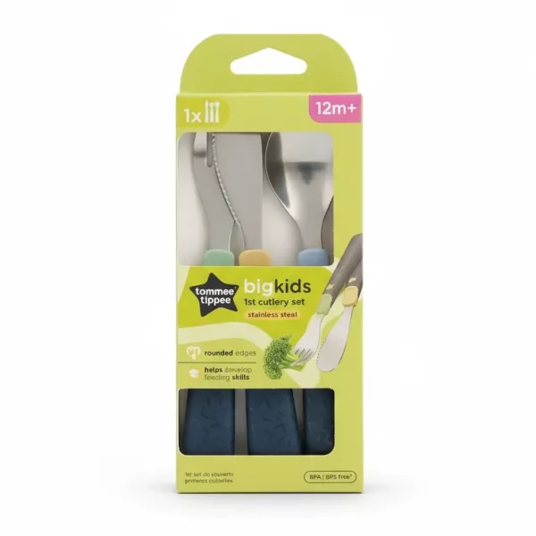 Tommee Tippee bigkids first cutlery set with knife, fork, and spoon with pastel handles