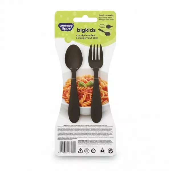 Back of Tommee Tippee bigkids cutlery set packaging showing product features