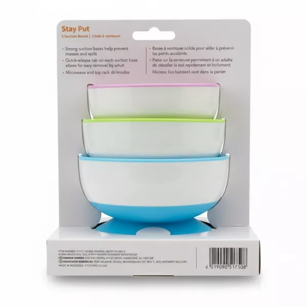 Back view of the Munchkin Stay Put suction bowls packaging details and barcode