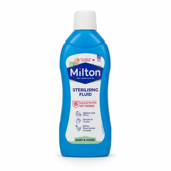 Milton blue bottle of sterilising fluid front view