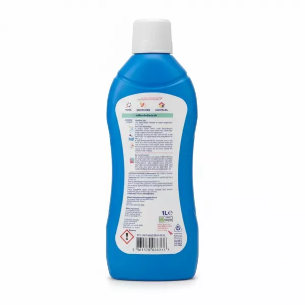 Milton sterilising fluid blue bottle back view with usage instructions and barcode