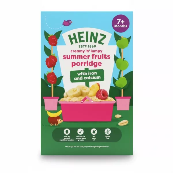 Heinz Summer Fruits Porridge box front showing product branding and nutritional highlights