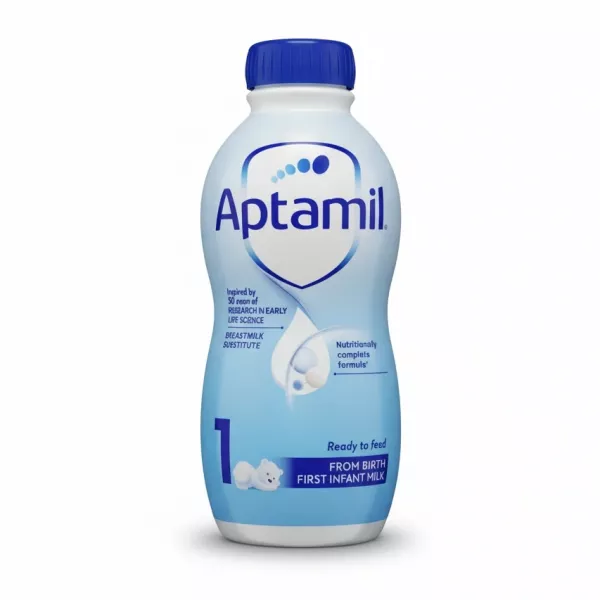 Aptamil First Infant Milk bottle front view with blue cap