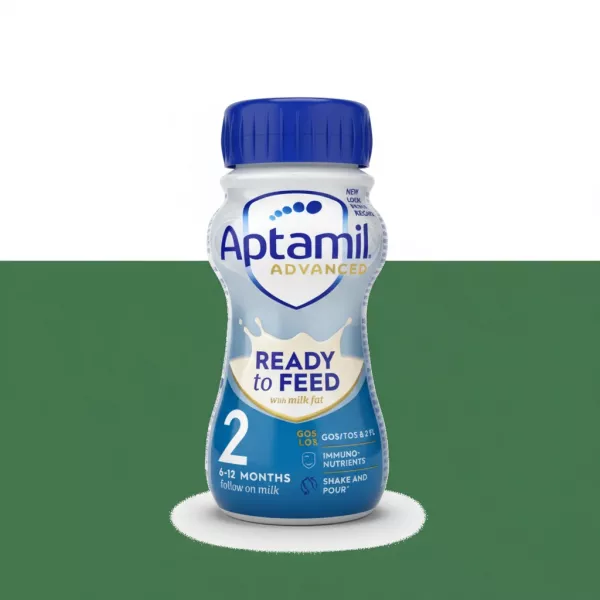 Aptamil Advanced Ready to Feed Stage 2 infant formula bottle held in hand