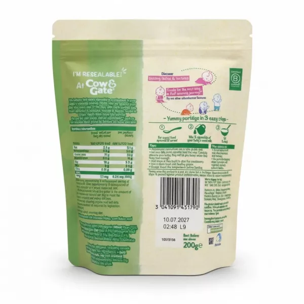 Cow & Gate Banana Wholegrain Porridge back packaging with nutrition and preparation instructions