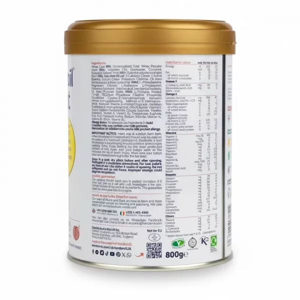 Back of Kendamil Goat First Infant Milk tin showing ingredients and nutritional information