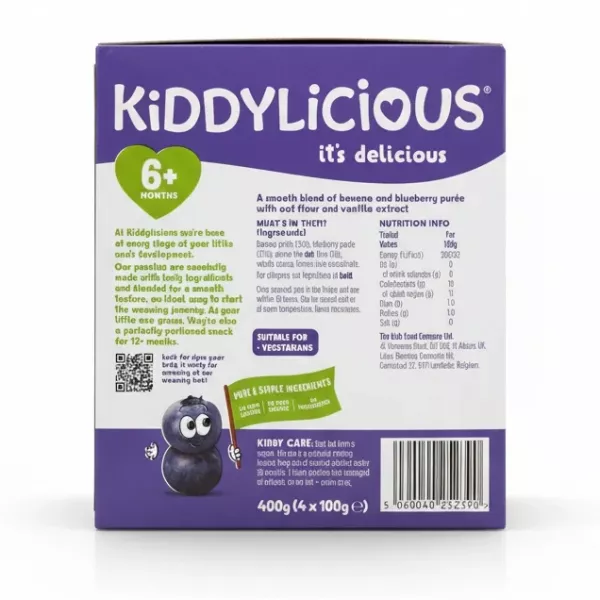 Kiddylicious Bedtime Blend blueberry banana oat vanilla flavour box back with ingredients and nutrition