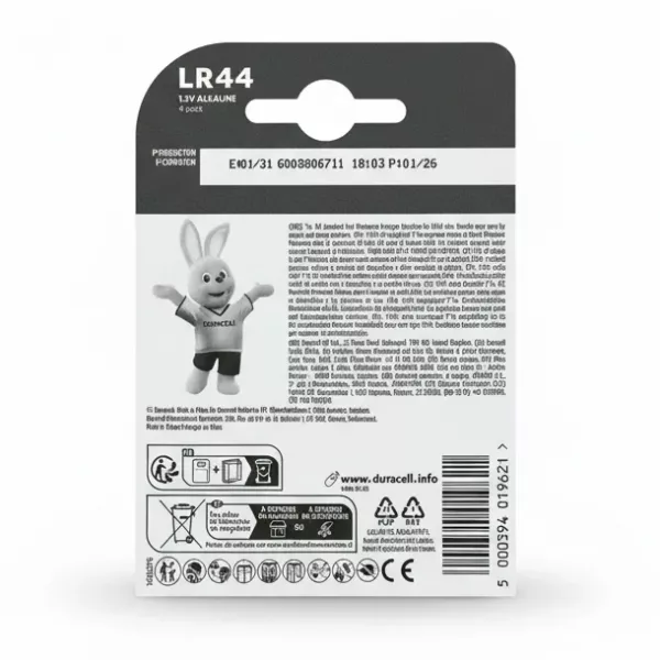 Back of Duracell LR44 battery pack with usage and recycling information