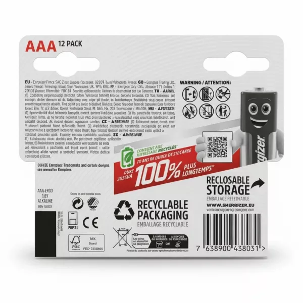 Energizer Max AAA battery pack back view showing product details and recycling info