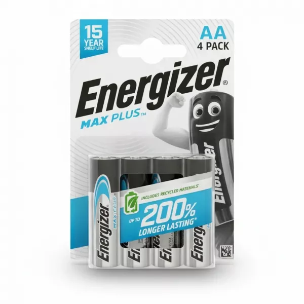 Front view of Energizer Max Plus AA 4 pack batteries in packaging