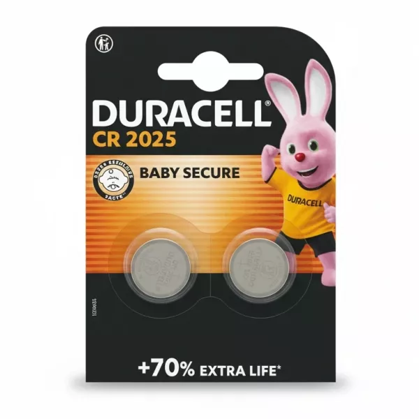 Duracell CR2025 lithium coin battery pack with two batteries and baby secure bitter coating