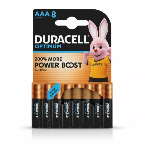 Pack of Duracell Optimum AAA batteries showing 8 units with black and copper design