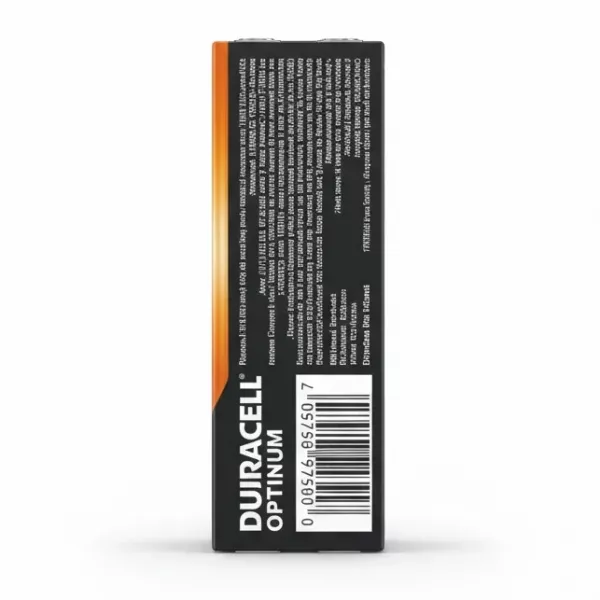 Back packaging of Duracell Optimum AAA batteries with product information and barcode