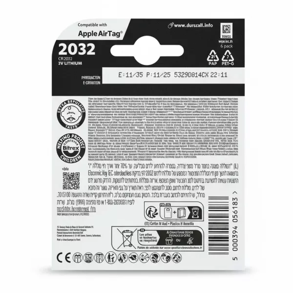 Back of Duracell CR2032 battery pack showing product details and barcode