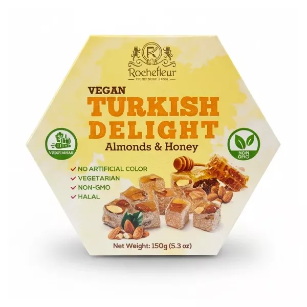 Rochefleur Vegan Turkish Delight Almonds & Honey hexagonal pack, front view