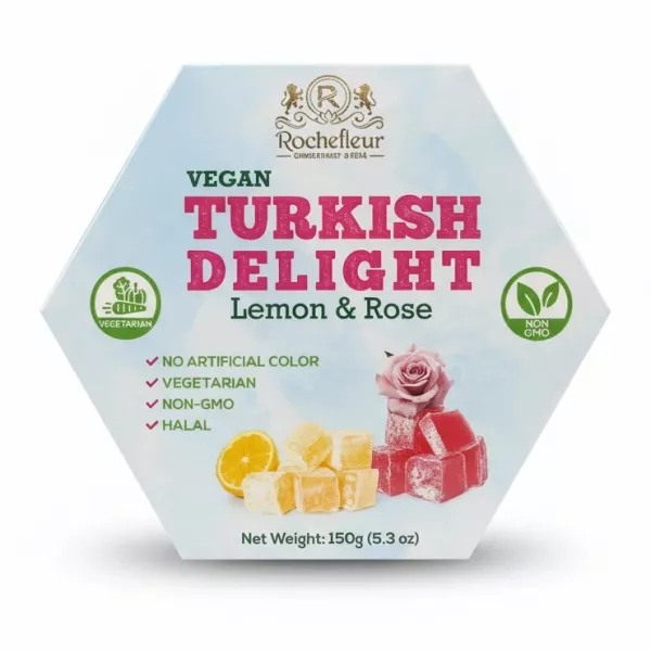 Rochefleur Vegan Turkish Delight Lemon & Rose hexagonal box front