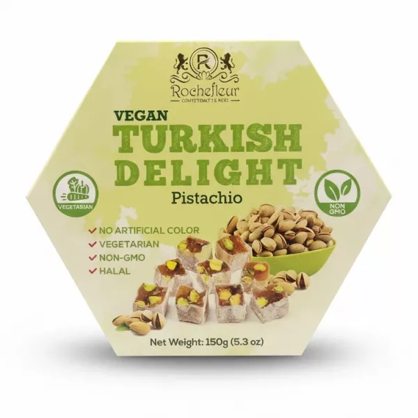 Box of Rochefleur Vegan Turkish Delight with pistachio flavor
