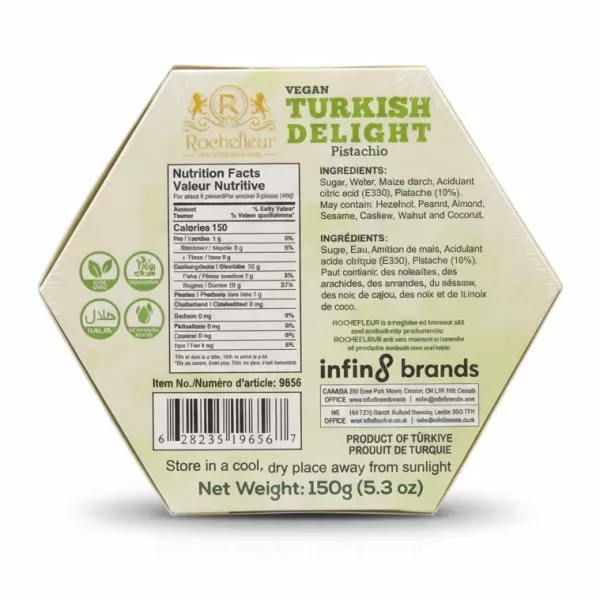Back of Rochefleur Vegan Turkish Delight box showing ingredients and nutritional facts