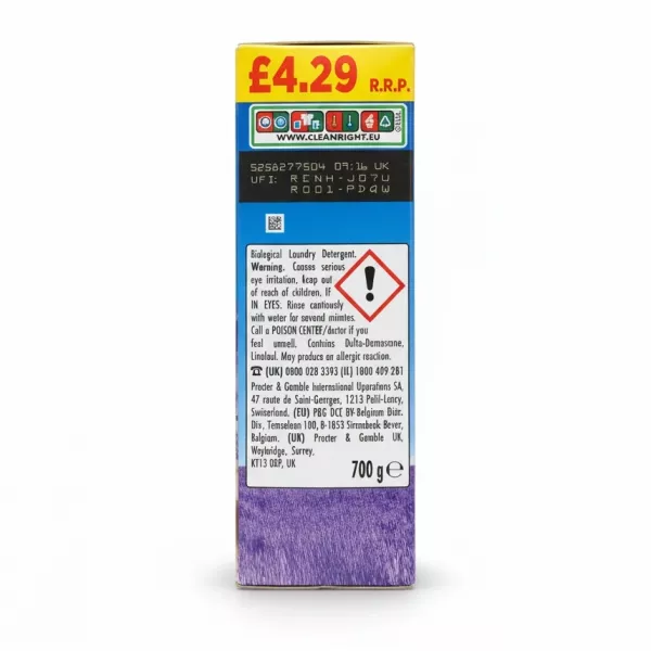 Bold laundry detergent box side with ingredients and caution information