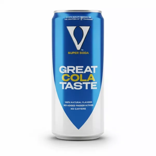 V7 Super Soda Cola can front view with blue and white design