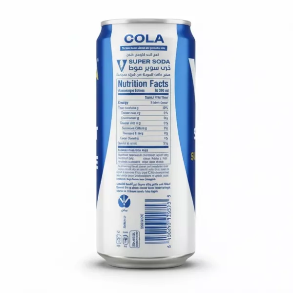 V7 Super Soda Cola can nutrition facts and barcode side view