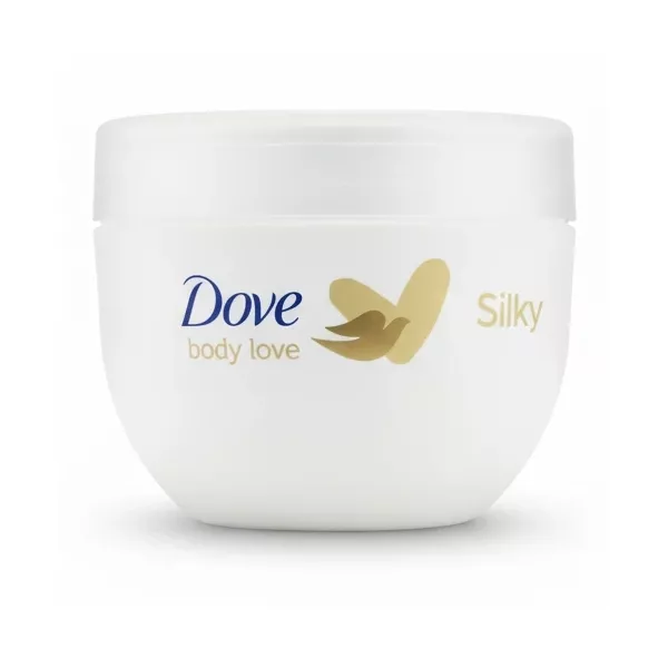 Side view of Dove Body Love Silky body cream tub held in hand