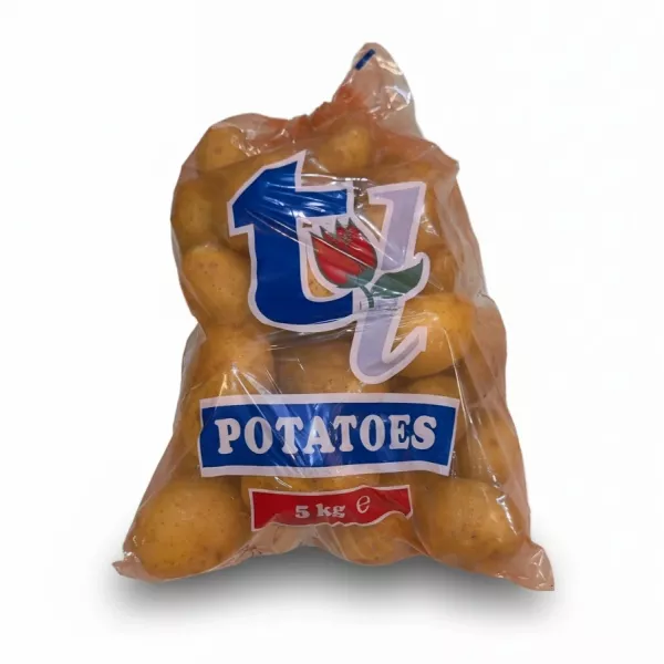 5kg plastic bag filled with Tulipland potatoes on floor