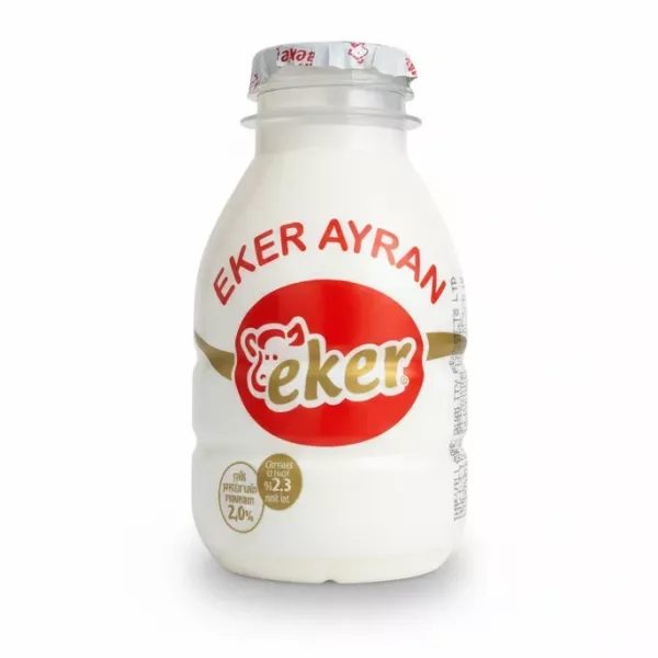 Bottle of Eker Ayran yogurt drink with red and gold logo