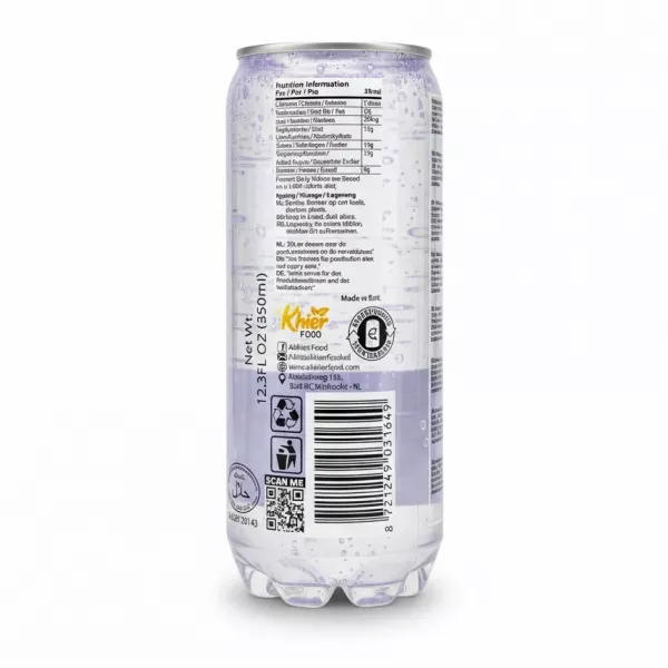 Can of Lazez Blueberry Flavoured Sparkling Drink nutrition label and barcode
